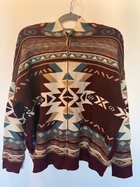 Wrangler Retro Aztec Sweater Hoodie in Burgundy, Cream & Teal